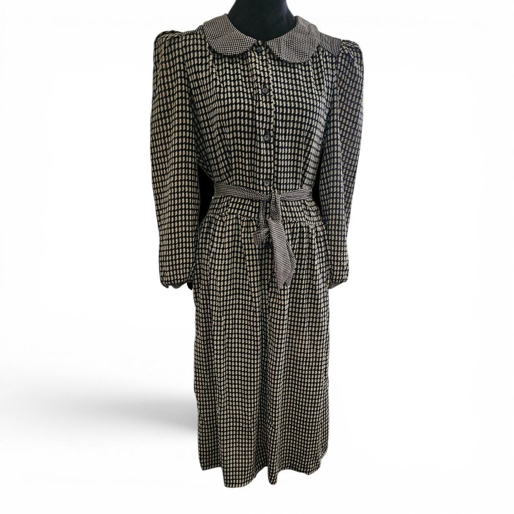 Vintage Ebie for Brassie Houndstooth Print Belted Midi Dress Peter Pan Collar M